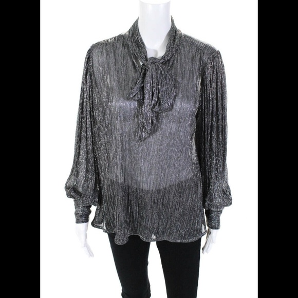 SUNCOO PARIS LYNSEE METALLIC TIE NECK BLOUSE SILVER TOP SZ T1 - Picture 4 of 11